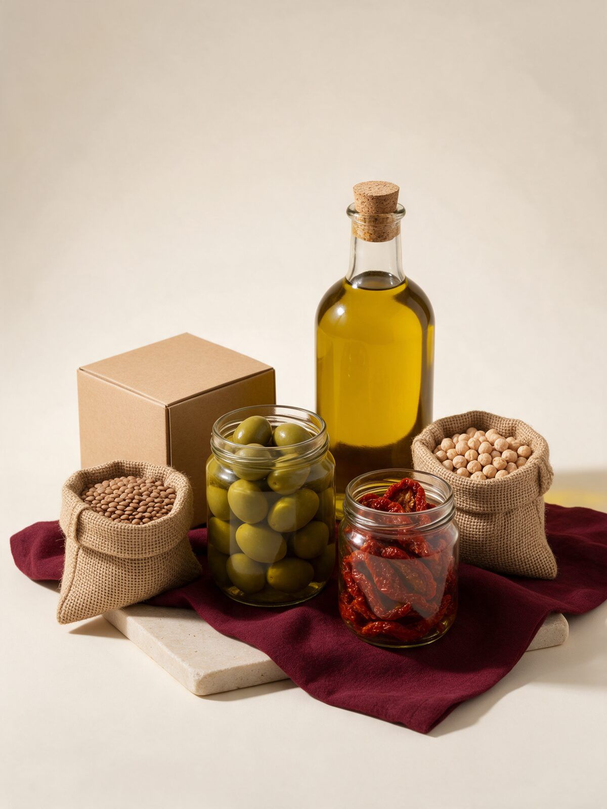 Etiketsiz zeytinyağı şişesi, yeşil zeytin ve kurutulmuş domates kavanozları, bakliyat çuvalları, bordo kumaş